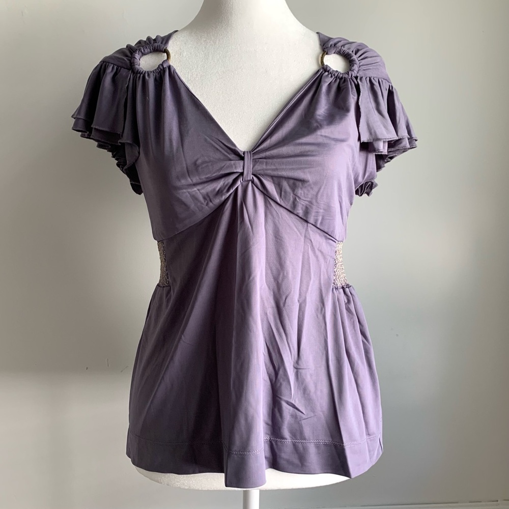 Just Cavalli purple stretch ruffle sleeves ruched waist top size medium NWOT